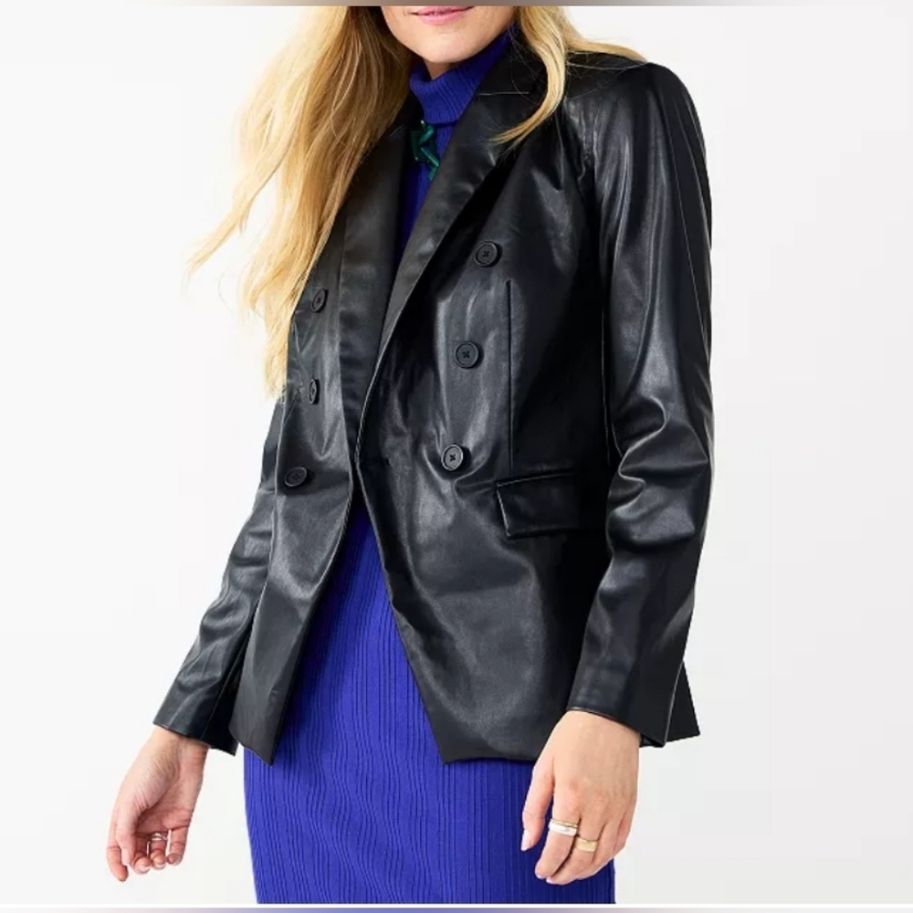 NWT Nine West Black Faux Leather Blazer/Coat, Fully Lined, Tailored, Sz Large.